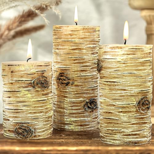 MOSROAD Birch Bark Pillar Candle Set of 3 Real Wax Fireplace Decor Candles