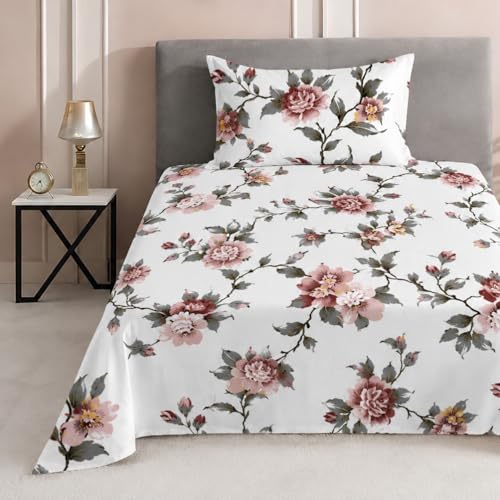 Image of DECOR2ADMIRE 300 Thread Count Premium Cotton Printed Single Bedsheet with One Pillow Covers for Home 60 Inches x 90 Inches (Classic White Floral, Single 60 inch x 90 inch)