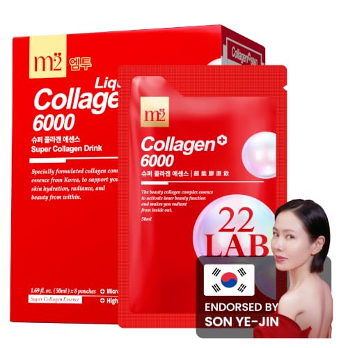 m2 Super Collagen Drink Liquid, Super Concentrate 6000mg Dual Peptide Collagen, Secrets of Korean Celebs, 68% More Collagen After 24 Hours, Drink from Pouch, No Added Sugar (8pk)
