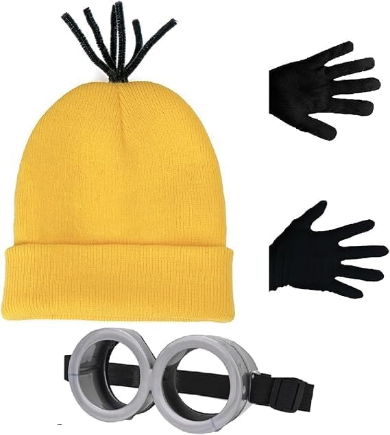 Raqieman 3 Stück Karneval Kostüm Zubehör Gelb Mütze Runde Steampunk Brille & Schwarze Handschuhe Set für Männer & Frauen Gelb Strickmütze für Erwachsene Halloween Karneval Kostüm Cosplay