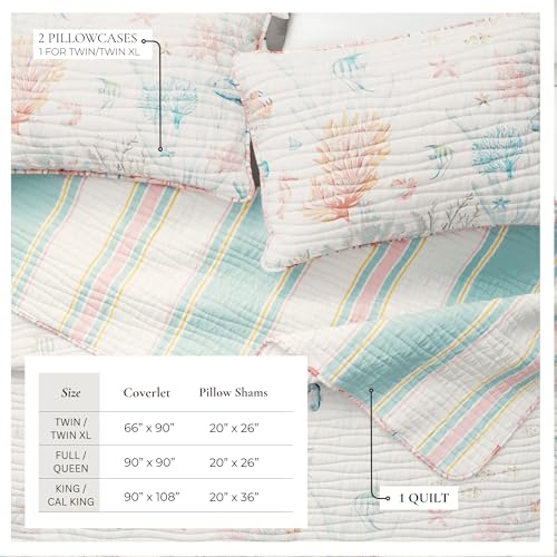 Image of Great Bay Home Coastal Quilt Set - 3-Piece Full /Queen Size Coral Bedding Set - Lightweight, All-Season, Reversible Bedspread (Coral Reef)