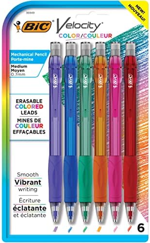 BIC Velocity Mechanical Pencils with Colored Leads, Medium Point (0.7 mm), 6-Count Pack, Perfect for Drawing and Journaling (MV7CP61-AST)