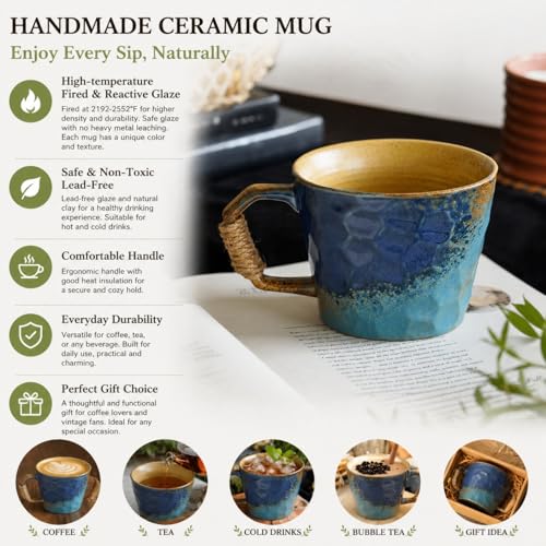 Taza de cerámica artesanal estilo japonés vintage 10oz azul miniatura 2