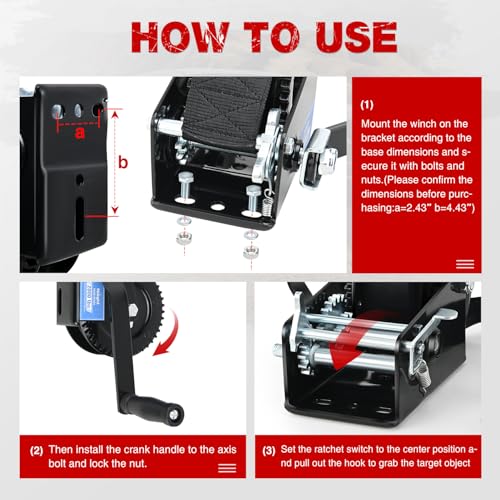 Nilight Boat Trailer Winch 3500 Lbs Hand Crank Winch Heavy Duty Boat Winches with 33Ft Strap Rope Hook Two Way Ratchet 4:1 8:1 Gear Portable Marine Manual Winch for Trailers Boat RV ATV Jet Ski Towing by Nilight - Image 9