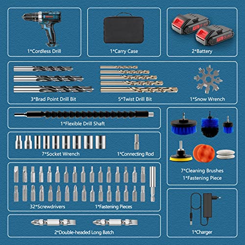 Akkuschrauber 21V, Akku Bohrschrauber mit zwei 21V Batterien, Akku Bohrer mit 3 Funktionen, Akku Schlagbohrschrauber mit 61tlg Zubehör Set, AkkuBürste mit Reinigen Set, akku bohrmaschine – Bild 7