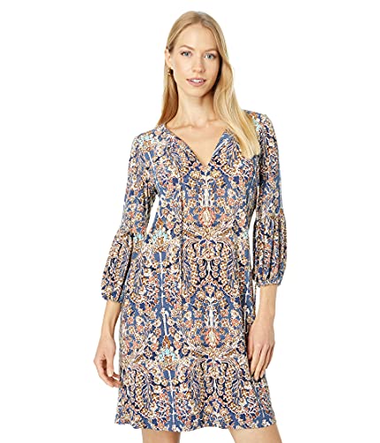 Tommy Hilfiger Damen V-Ausschnitt 3/4 Ärmel Etuikleid, Sky Captain/Sand, 34