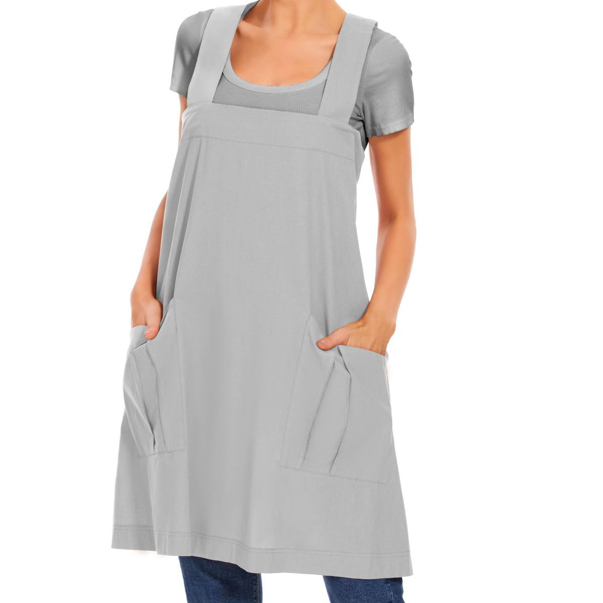 Larmliss Women's Cotton Cross Back Apron Pinafore Dress with Big Pockets Loose Square Apron for Baking Cooking Gardening