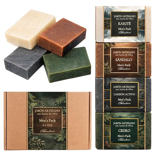 CABRERIZO SOAP Jabones para regalar - jabones artesanales para hombre de Carbon Activo, Cedro, Sándalo y Karité - Jabon cuerpo y rostro para rutina diaria - 4 x 125 g.