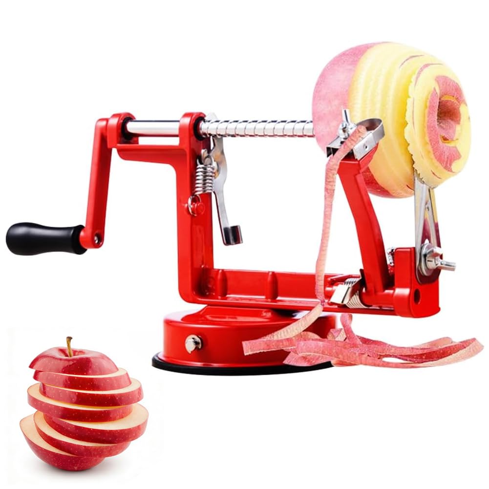 Apfelschäler 3 In 1 Mit Kurbel, Apfelschneider, Apfelentkerner, Apfelschälmaschine Mit Stahlklingen, Multifunktionale Schälmaschine Für Obst Und Gemüse, Rot