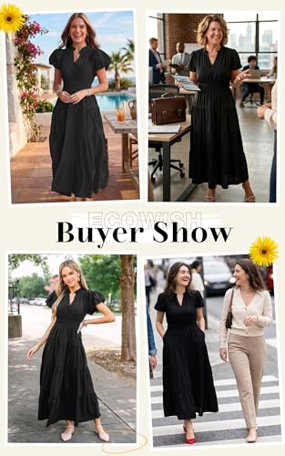 Image of ECOWISH Summer Maxi Dress for Women Casual Flowy V Neck Short Sleeve A Line Empire Waist Tiered Long Dresses with Pockets