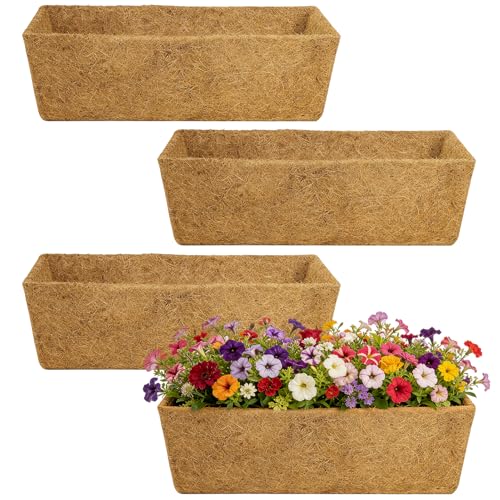 Image of 24in Tapered Coco Liners for Window Planter Box - 4 Pack 100% Natural Coconut Coir Fiber Liner Replacement for Deck Flower Box, Garden Railing Fence Wall Planter Basket