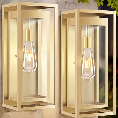 Image of 19 Inch Gold Outdoor Wall Light Fixtures, 2 Pack Porch Lights | Large Size, Anti-Rust, Waterproof, Tempered Glass, Easy Installation, Exterior Wall Sconces for House Entryway Garage