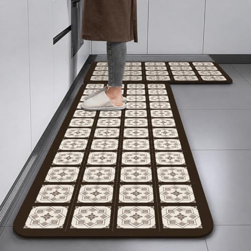 Image of HomeCloud Rubber Kitchen Mats for Floor Set of 2 Pcs|Non-Skid, Soft Absorbent Rugs for Kitchen, Laundry, and Hallway|120x40cm, 40x60cm| 4mm Thickness (Brown White Multi)