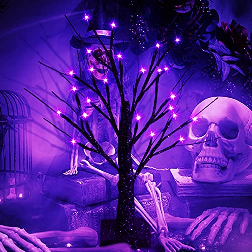 FUNNISM 24 LED Purple Lights Halloween Tree, Battery Powered Black Glitter Spooky Halloween