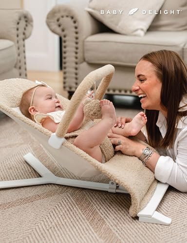 Image of Baby Delight Alpine Deluxe Portable Bouncer, Tan Sherpa | For Infant 0 - 6 months, 3-Position Recline, 3-Point Safety Harness, Removable & Washable Cover, Detachable Toy Bar