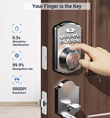 Veise Fingerprint Door Lock Set, Keyless Entry Door Lock, Front Door Handle Sets, Electronic Keypad Deadbolt With Lever Handle, 2 Keys, Auto Lock, Code Door Lock, Easy Installation, Satin Nickel #TOP1