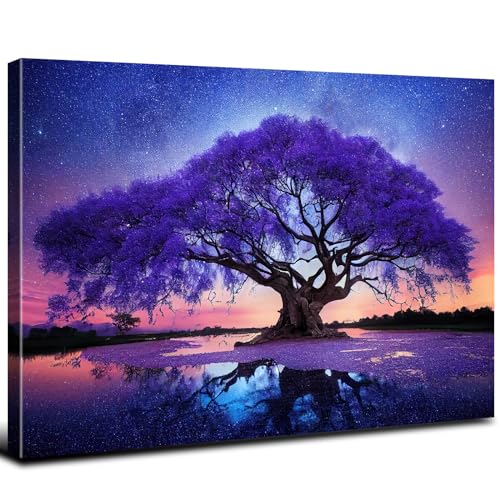 Image of Purple Tree Landscape Wall Art Blue Starry Night Picture Artwork for Living Room Wall Decor Abstract Nature Scenery Canvas Print Painting for Modern Bedroom Bathroom Home Office Decoration 32x48 inch