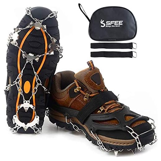 Sfee Ice Snow Grips Crampons Traction Cleats,19 Stainless Steel Spikes for Women Men Kids, Anti Slip Flexible Shoe/Boot Footwear for Walking Climbing Hiking Fishing Outdoor(Black,L(US:8-11))