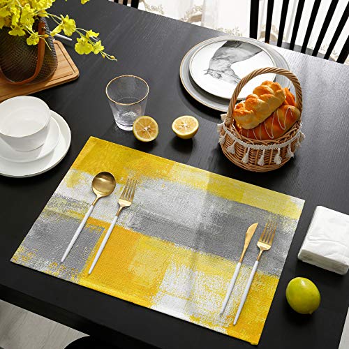 Maconaa Yellow And Grey Placemats For Dining Table, Abstract Graffiti Oil Painting Cotton Linen Place Mats For Kitchen/Dining, Non Slip, Durable, Washable Table Mats 13''X19'' Table Decor, 4Pcs #TOP3
