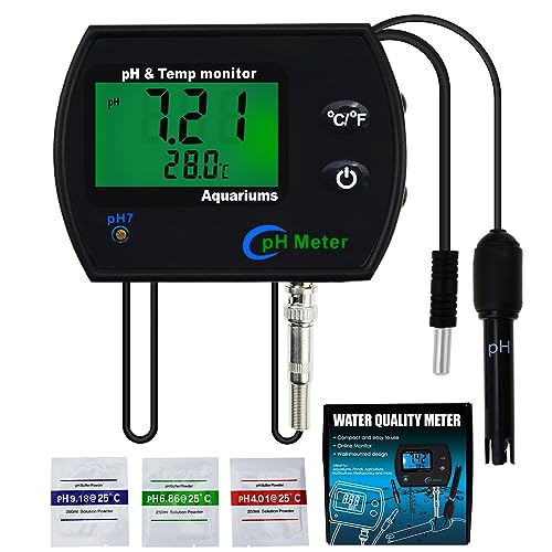 2-in-1 PH Temperature Continuous Monitor Meter tester ATC Backlight Replaceable Electrode buffer calibration set Dual Display 0.00~14.00pH °C/ °F Water Quality Kit for Aquariums Hydroponics Pools Spa