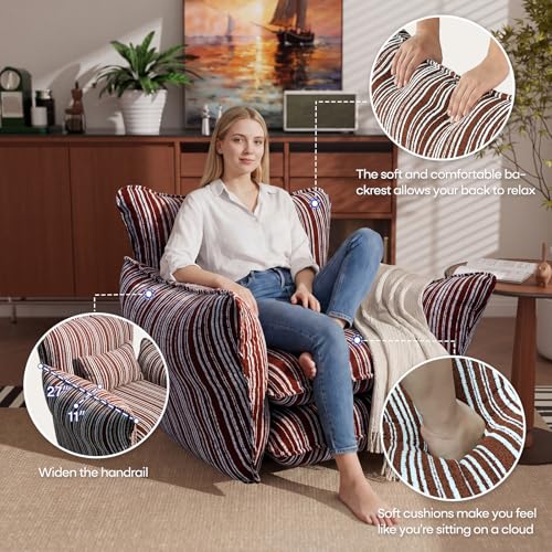Image of Chenille Accent Chair with Lumbar Pillow, Brown Stripe, Wide Armrests, Deep Seat, 7 Inch High-Density Foam, 350 lbs Capacity