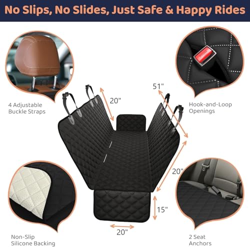 Image of Dog Car Seat Cover for Back Seat, Waterproof Hammock for Car, SUV & Truck, Non-Slip Backseat Cover for Dogs, Heavy-Duty Dog Hammock Style Seat Protector Pets. (Black, 51 inchx59 inch)
