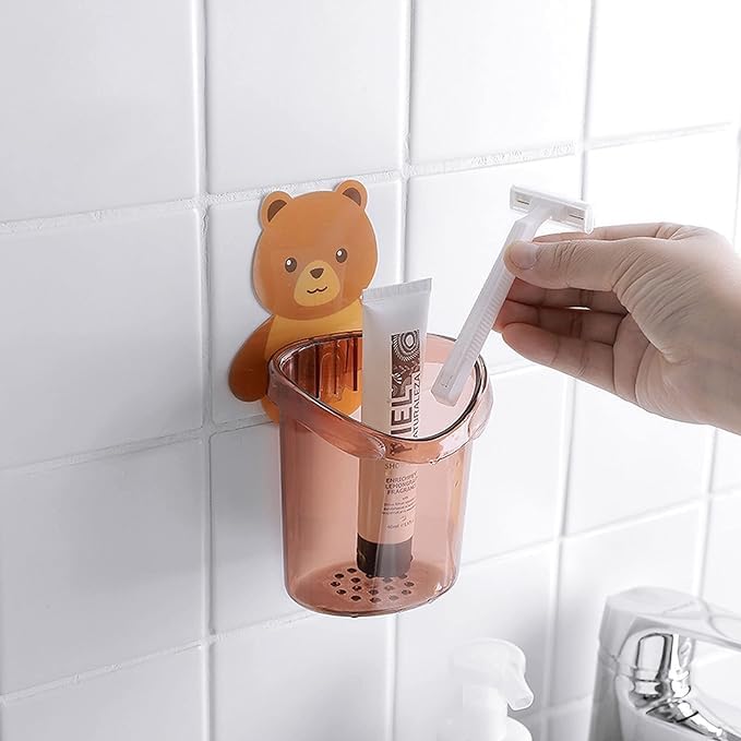 YEKDA 2 Pcs Plastic Stand for Toothpaste Teddy Bear Tooth Brush Holder Comb, Brush, Cream, Lotion Kids Bathroom Cup Drain Waterproof Self-Adhesive(Multi Color) 2