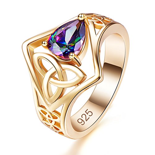 Psiroy Yellow Gold Plated Created Rainbow Topaz Irish Trinity Celtic Knot Ring Size 6