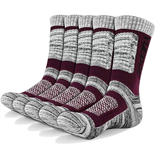 YUEDGE 5 Pairs Men's Athletic Socks Performance Cushion Crew Socks, Performance Moisture Wicking Workout Sports Socks, Trekking, Climbing, Camping, Hiking, Wine Red, XL (UK Size 9-12)