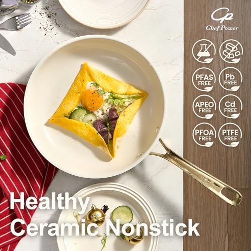 Chef Power Ceramic Frying Pan with Stainless Steel handle 5Pcs Set, Non Stick Grill Pan Set, Dishwasher and Oven Safe, Cream White and Light Gold Handle