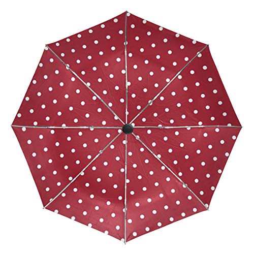 Preisvergleich Produktbild LUPINZ Selbstöffnender Regenschirm mit weißen Punkten, rotem Hintergrundmuster, Winddicht, Reise-Regenschirm, Tragetasche