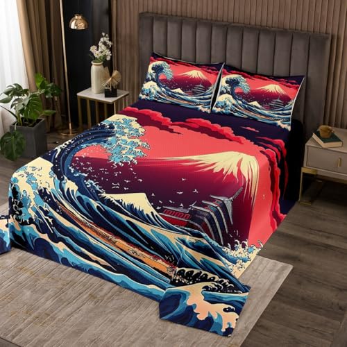 Erosebridal Japanese Ukiyo-E Style King Bedspread Set, Japanese Mount Fuji Soft Quilt Set for Kids Girls Boys, Sunset Cloud Trees Coverlet Set & Bedspread for Bedroom, River Mountains Bedding Sets