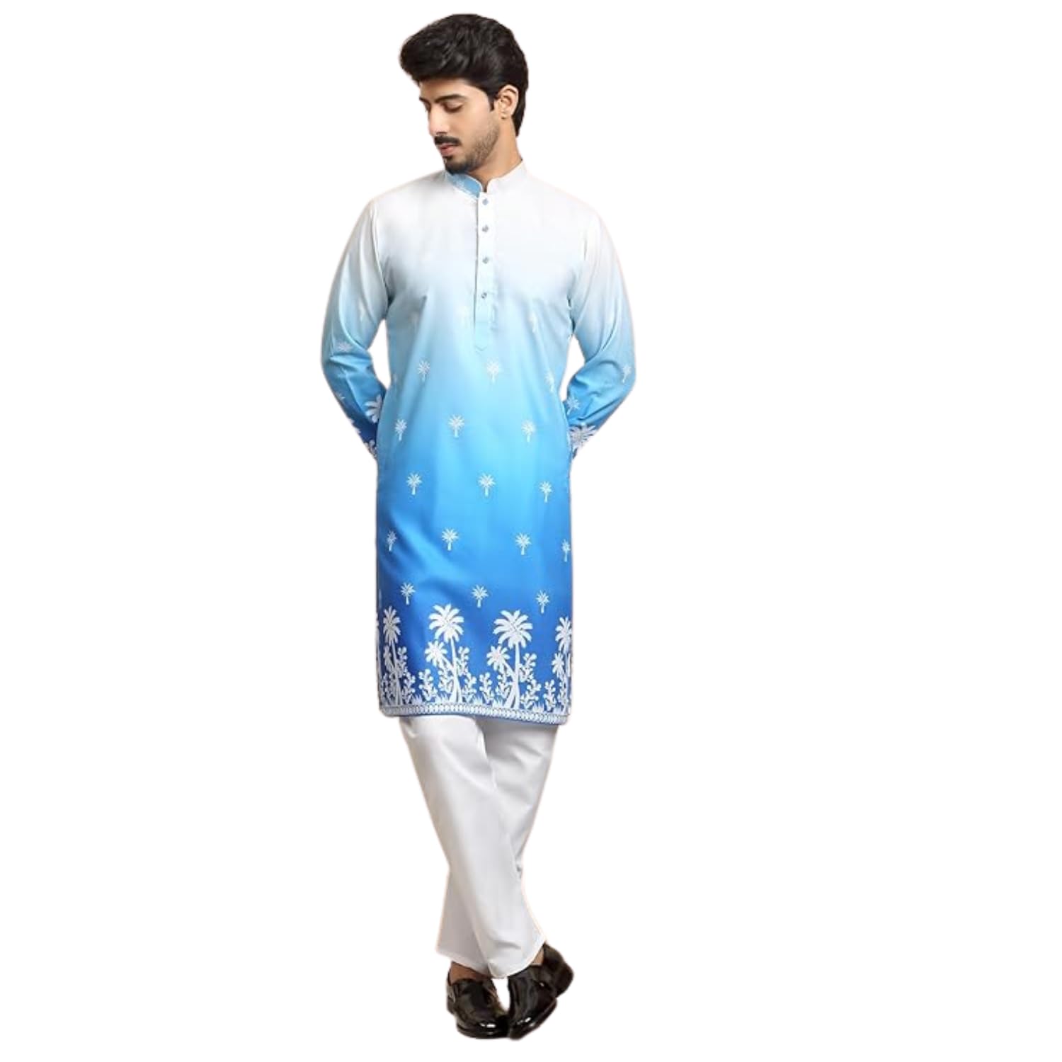 kraft india Men's Ombre Printed Mandarin Collar Straight Kurta With White Elastic Waistband Pyjama-picture-25