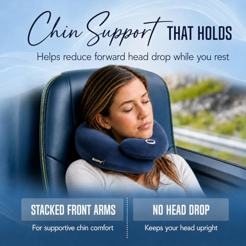 Image of BCOZZY Flat Back Travel Neck Pillow - Patented Neck Pain Relief & Support for Head, Neck, and Chin. Ideal for Airplanes, Long Flights, Car Rides. Adjustable, Washable, with Carry Bag. Large, Navy