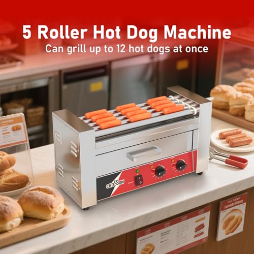 CROSSON Hot Dog Maschinen 5 Rollen mit Brötchenwärmer,12 Hotdogs Machine Elektrogrill mit Temperaturregler Für Party, Haushalt und Gewerbe,1050W