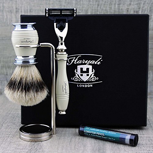 Haryali London 3 Edge Shaving Razor With Pure Silver Tip Badger Hair Brush, Stand and Alum Pencil Perfect Shaving Kit For Mens