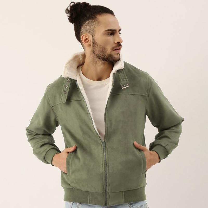 Image of CAHOOT Men's Obsidian Green Fur-Lined Suede Bomber Jacket For Casual Wear | High Neck | Long Sleeve | Zipper Closure | Jacket Crafted With Comfort Wear For Everyday Wear
