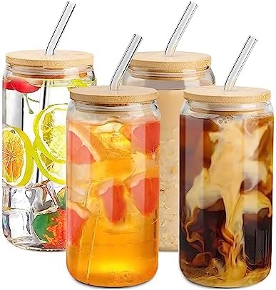 Set Of 4 Can Shaped Drinking Glasses With Bamboo Togo