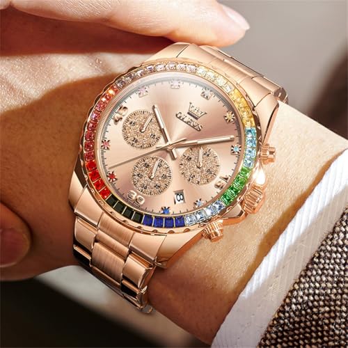 Image of OLEVS Watch for Men Luxury Gold Diamond Chronograph Business Wristwatch with Analog Quartz, Date Calendar, Stainless Steel Band, Luminous Hands, Waterproof