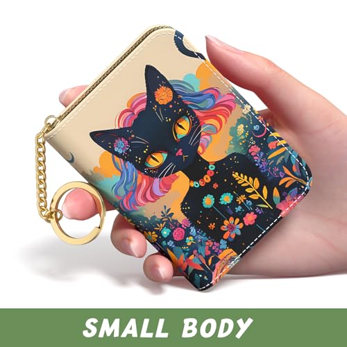 Image of Aiawoxc Credit Card Holder, Small RFID Wallet Slim Leather Card Organizer Case with Zipper and Keychain, Elegant Cat