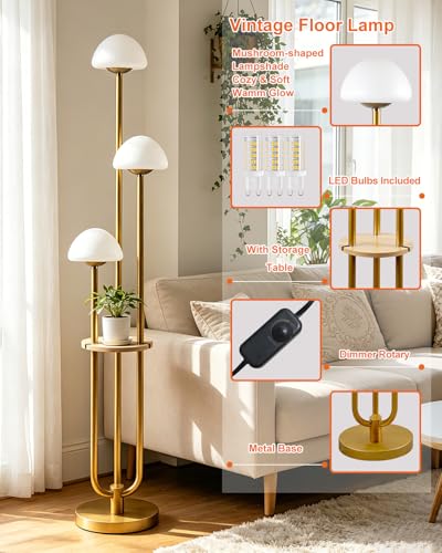 Image of Gold Dimmable Floor Lamp with Table Modern Floor Lamps with 5Lbs Heavy Base for Living Room 3000K Tall Standing Lamp with Mushroom Shades & Bulbs Included for Bedroom /Office / /Sofa Beside /Corner Decor
