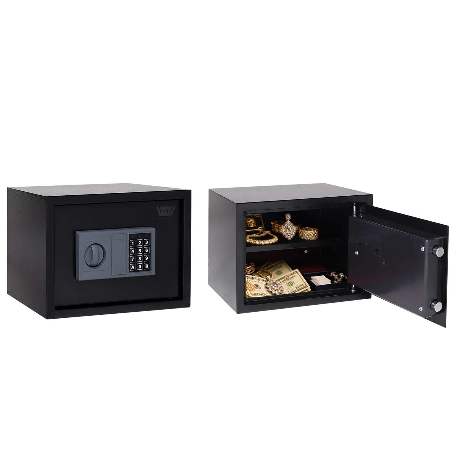 WestWood Small Safe Box Steel Lock Box with Key and Code Lock, With Shelf, Waterproof Fireproof Money Document Safe for Home Office Hotel Storage, 16.9L