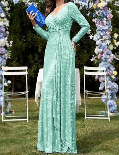 Image of Long Sleeve Sequin Dress For Women Formal Gowns Sparkly V Neck Maxi Dress