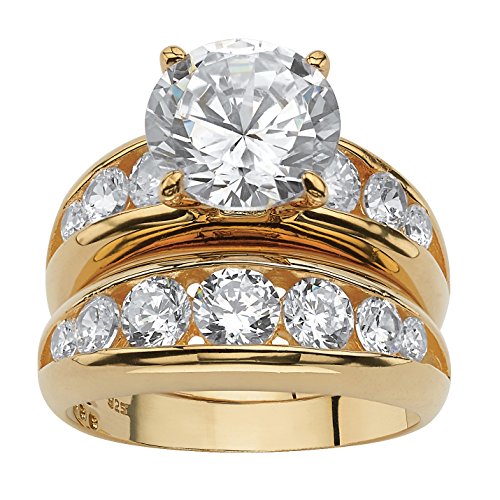14K Yellow Gold over Sterling Silver Round Cubic Zirconia Bridal Ring Set Size 8