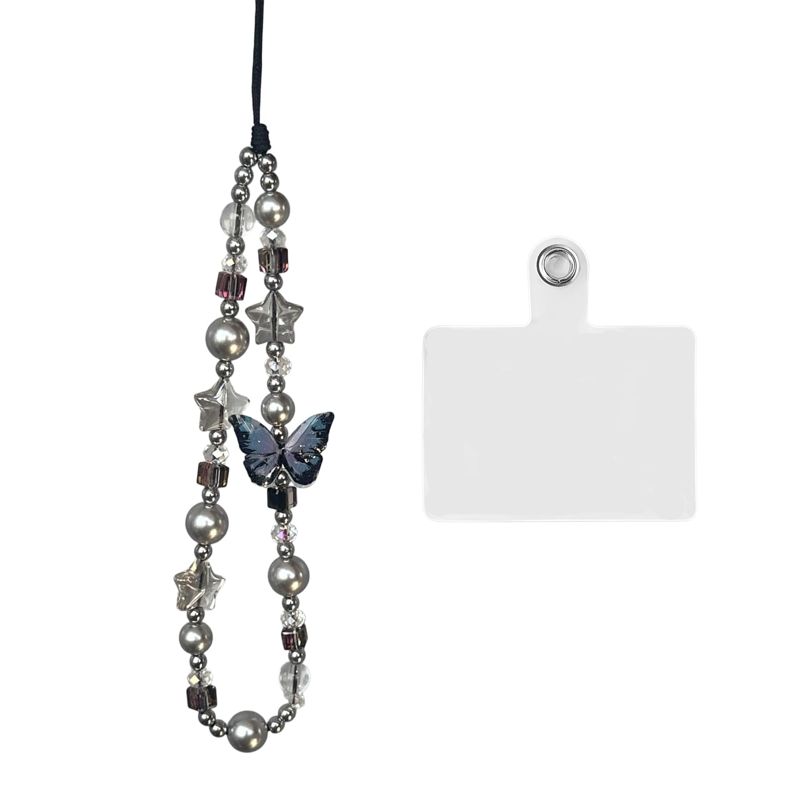 Dark-Themed Butterfly and Star Phone Charm for Girls, Stylish Mobile Accessory with Cardholder, 20 cm Beaded Design for Phone Cases and Wrist Strap