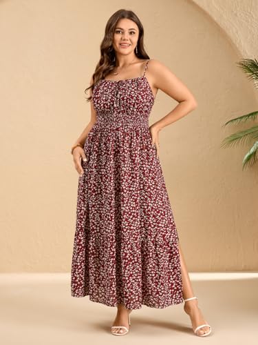 Image of SCOMCHIC Plus Size Summer Boho Dresses Spaghetti Strap Sleeveless Casual Sundress Smocked Flowy Slit Beach Maxi Dress