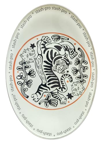 Image of Stash-Pro Oval Toughened Glass Tray - 15.5cm x 10.5cm Premium Rolling & Crush Tray with Tiger Artwork | Heat-Resistant, Durable & Easy to Clean