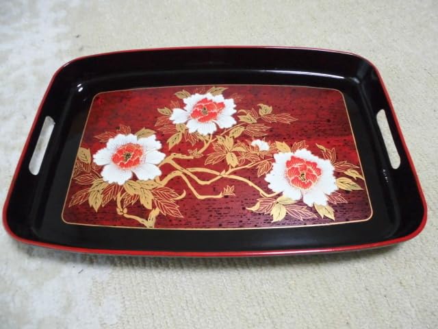 赤黒漆器 盆 花デザイン 約40cm Amazon.co.jp: 花柄おぼん 箱入り 長手盆 和柄 品「高級 美術 漆器