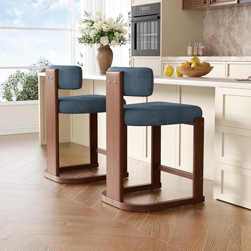 Image of Bar Stools Set of 6, Upholstered Counter Height Bar Stools, Mid Century Modern Counter Stools with Curved Backrest, Solid Wood Legs, 26 inch Bar Chairs for Kitchen Island Bar, Blue