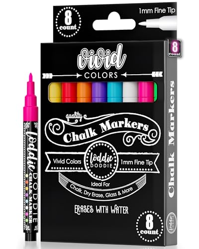 Loddie Doddie Fine Tip Liquid Chalk Markers - Pack of 8 1mm Tip - Precision Chalk Pens for Chalkboard Calendar - Quick-Wipe Washable Glass Dry Erase Pens - Vibrant Neon Car Window Markers